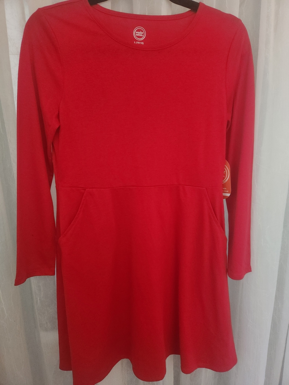 wonder nation Red Long-Sleeve Knit Dress w/ Front Pockets, S-10/12 Plus, NWT